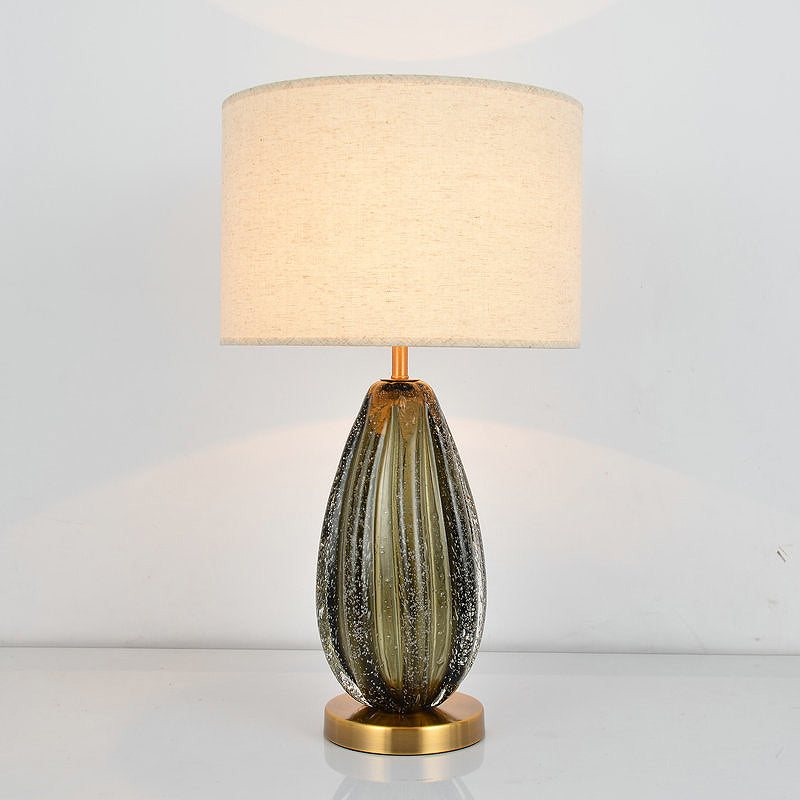Vintage Hand-Worked Green Bubble Glass Table Lamp With Flaxen Fabric Shade