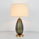 Vintage Hand-Worked Green Bubble Glass Table Lamp With Flaxen Fabric Shade
