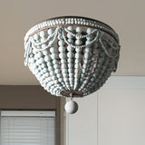 Rustic Wood Beaded Dome Flushmount Chandelier - 3 Bulb Ceiling Mount For Dining Table