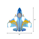 Blue Cartoon Wooden Jet Close To Ceiling Light - 4 Heads Bedroom Flush Fixture