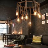 Brown Circle Ceiling Suspension Lamp - Lodge Roped 6/8-Light Chandelier With Naked Bulb Design For