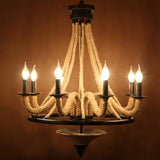 Cottage Brown Jute Rope Wrapped 8-Light Candelabra Chandelier