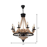 Cottage Brown Jute Rope Wrapped 8-Light Candelabra Chandelier