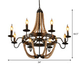 Countryside Hemp Rope Chandelier With Candle Design - Brown 6/8 Bulbs Pendant Lighting