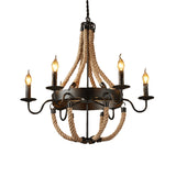 Countryside Hemp Rope Chandelier With Candle Design - Brown 6/8 Bulbs Pendant Lighting