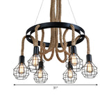 Rustic Iron Pendant Light With Hemp Rope And Cage 6-Bulb Ceiling Chandelier For Restaurants In Brown