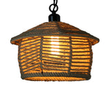 Rustic Bowl Pendant Light With Jute Rope Suspension For Dining Room
