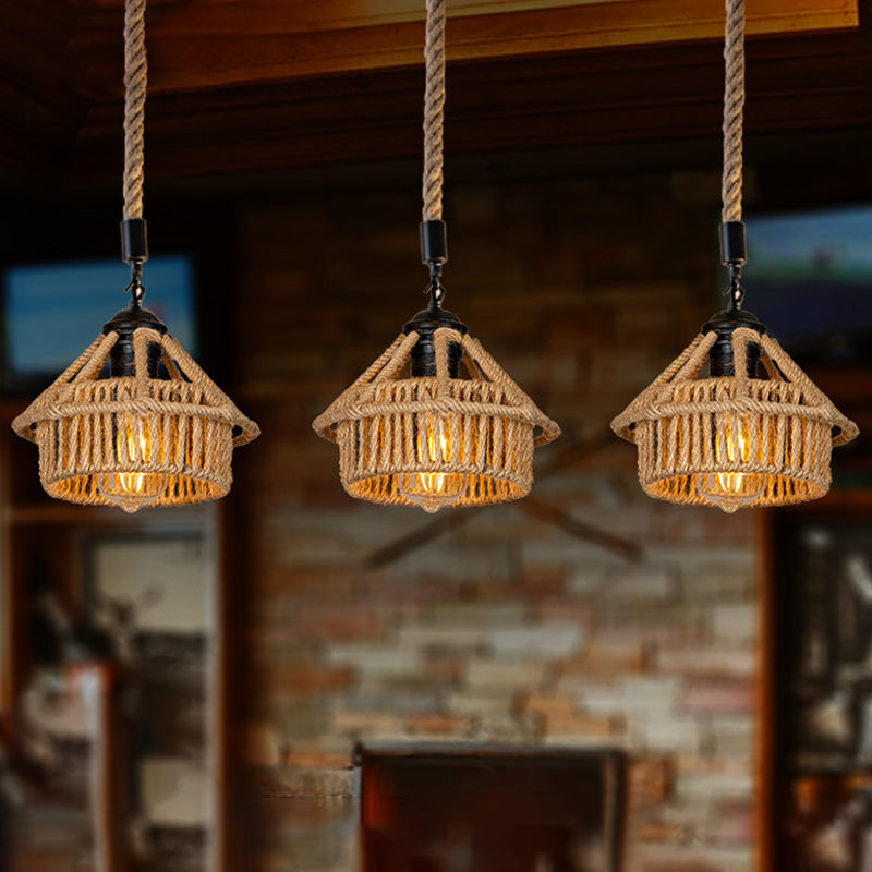 Handcrafted Cottage Brown Rope Pendant Light Fixture - 3/6-Light Mini House Multi Round/Linear