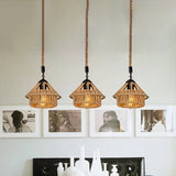 Handcrafted Cottage Brown Rope Pendant Light Fixture - 3/6-Light Mini House Multi Round/Linear