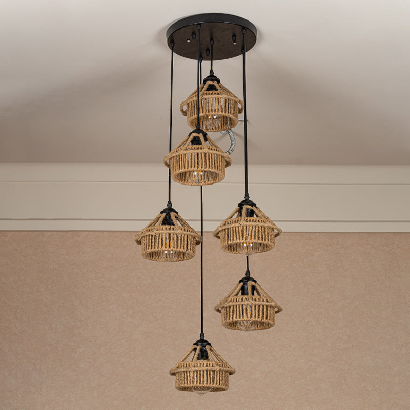Handcrafted Cottage Brown Rope Pendant Light Fixture - 3/6-Light Mini House Multi Round/Linear