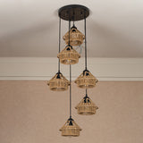 Handcrafted Cottage Brown Rope Pendant Light Fixture - 3/6-Light Mini House Multi Round/Linear