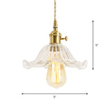 Floral Brass Hanging Lamp - Rustic Cone Pendant Light With Clear Ribbed Glass Ideal For Table
