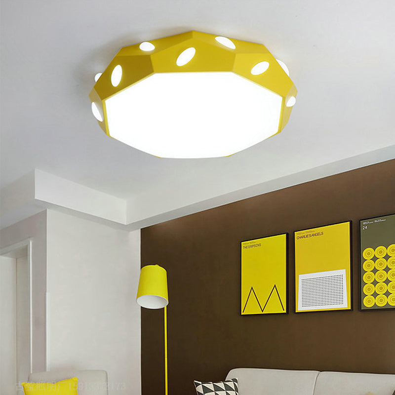 Kids Bedroom Octagon Shade Flush Ceiling Light With Leaf Macaron Design - Acrylic Led Lamp Yellow