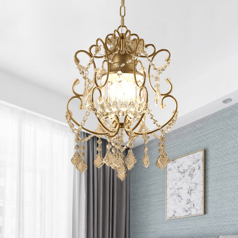 Brass Finish Crystal Chandelier With Lantern Curving Arm And Elegant Draping