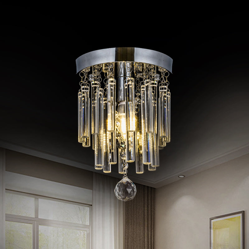 Round Chrome Crystal Bar Flush Mount Ceiling Light - Bare Bulb Flushmount
