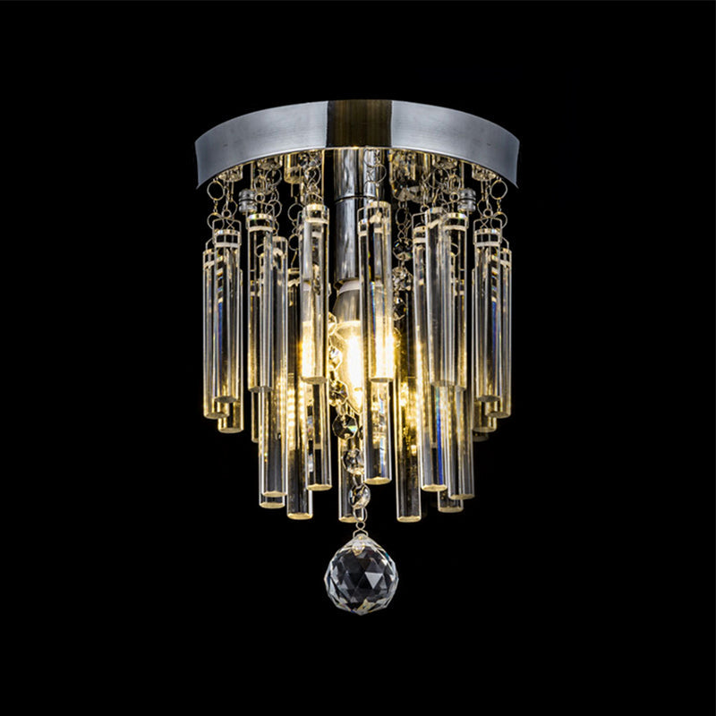 Round Chrome Crystal Bar Flush Mount Ceiling Light - Bare Bulb Flushmount