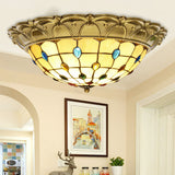 Lattice Bowl Flushmount Led Stained Glass Tiffany Style Ceiling Fixture In Brass Various Sizes