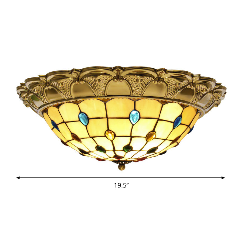 Lattice Bowl Flushmount Led Stained Glass Tiffany Style Ceiling Fixture In Brass Various Sizes