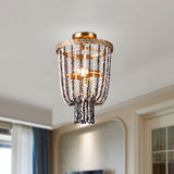 Antiqued Metal 2-Light Brass Flushmount: Basket Dining Room Lighting With Stone Chain