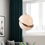 Frosted White Glass Sliced Sphere Hanging Lamp In Brass - Available 3 Sizes