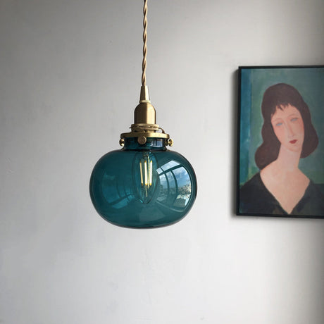 Modern Brass Pendant Light With Elliptical Blue/Clear/Green Glass Shade For Dining Room Ceiling Blue