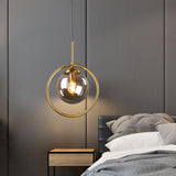 Postmodern Glass Pendant Light With Globe Down Lighting And Brass Ring For Bedroom Smoke Gray