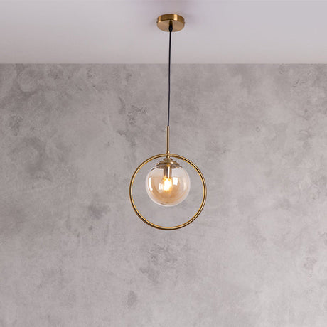 Postmodern Glass Pendant Light With Globe Down Lighting And Brass Ring For Bedroom Amber