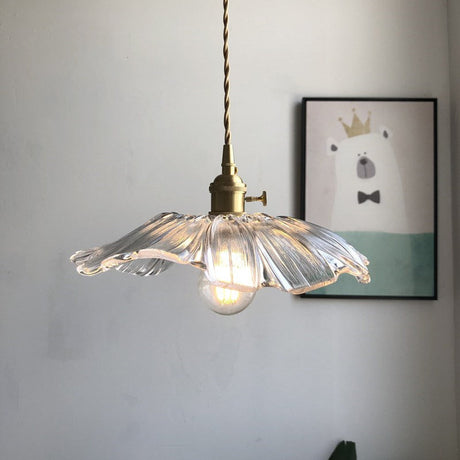 Modern Purple/Clear Glass Flower Pendant Lamp - 1-Light Brass Dining Table Lighting Fixture Clear
