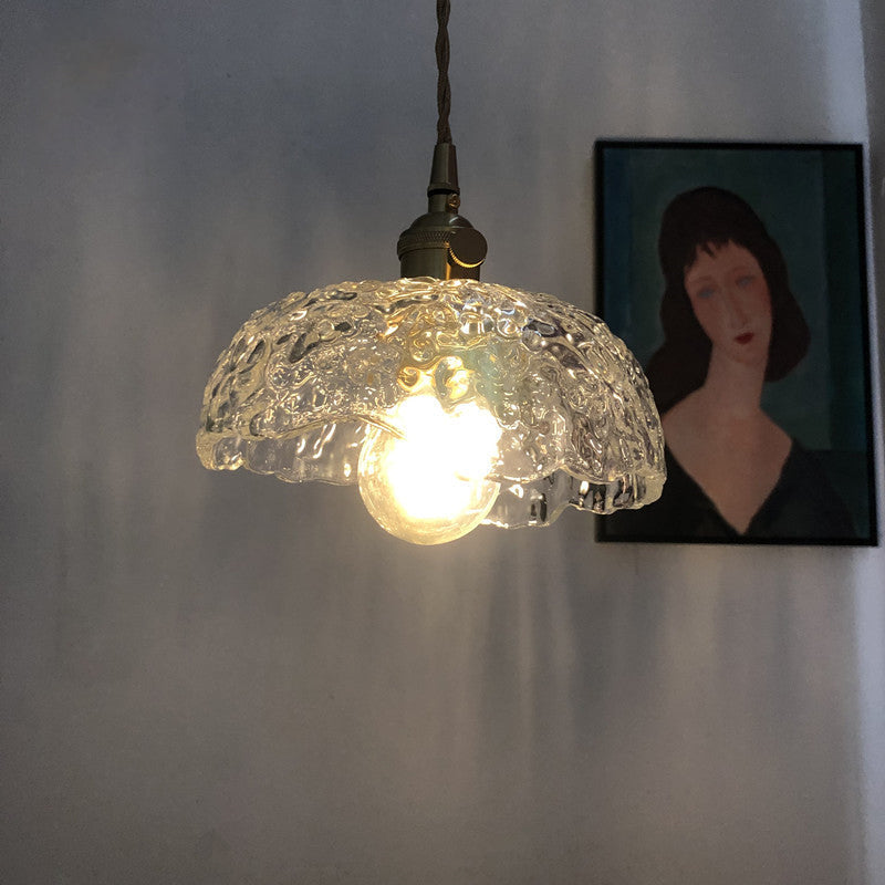 Clear Textured Glass Pendant Light With Brass Floral Rim