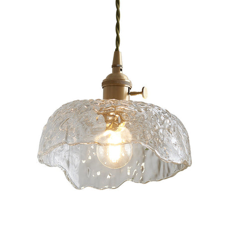 Clear Textured Glass Pendant Light With Brass Floral Rim