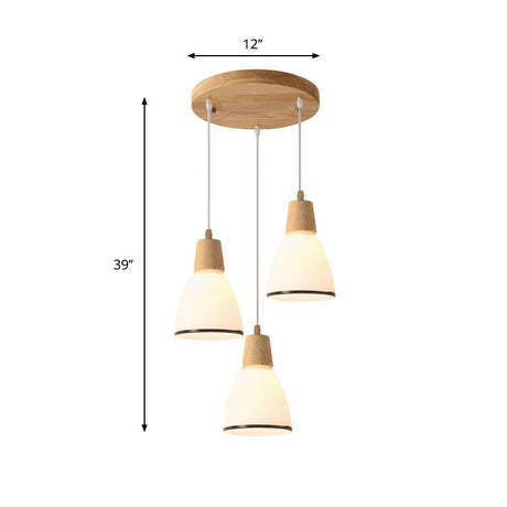 Nordic Ivory Glass 3-Head Cluster Pendant Bell/Bowl/Barrel Hang Lamp For Dining Room