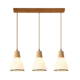Nordic Ivory Glass 3-Head Cluster Pendant Bell/Bowl/Barrel Hang Lamp For Dining Room Wood / Barrel