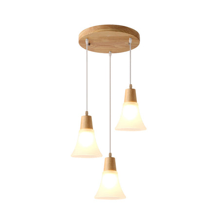 Nordic Ivory Glass 3-Head Cluster Pendant Bell/Bowl/Barrel Hang Lamp For Dining Room Wood / Bell