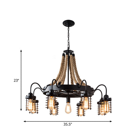 Vintage Black Metal Cage Chandelier With Rope Suspension - 7/9 Heads | Wagon Wheel Design