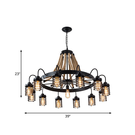 Vintage Black Metal Cage Chandelier With Rope Suspension - 7/9 Heads | Wagon Wheel Design