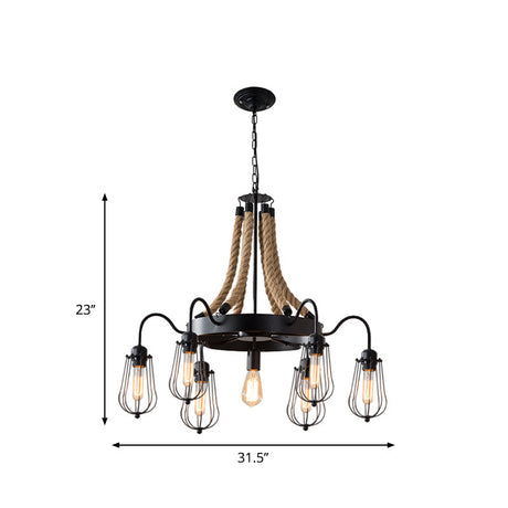 9/13 Lights Farm Style Rope Chandelier With Metallic Pendant Cage Black Finish And Wheel Design