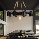 Rustic Iron Cylinder Chandelier: 9-Head Black Rope Ceiling Light With Gear Deco - Living Room
