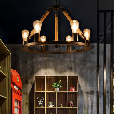 Industrial Open Bulb Metal Chandelier: 6/8-Light Black Pendant Lamp With Rope & Ring Design