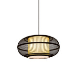 Chinese Bamboo Pendant Lamp With Ancient Town Print Black Oval Ceiling Hanging Lantern 19.5’/23.5’ W