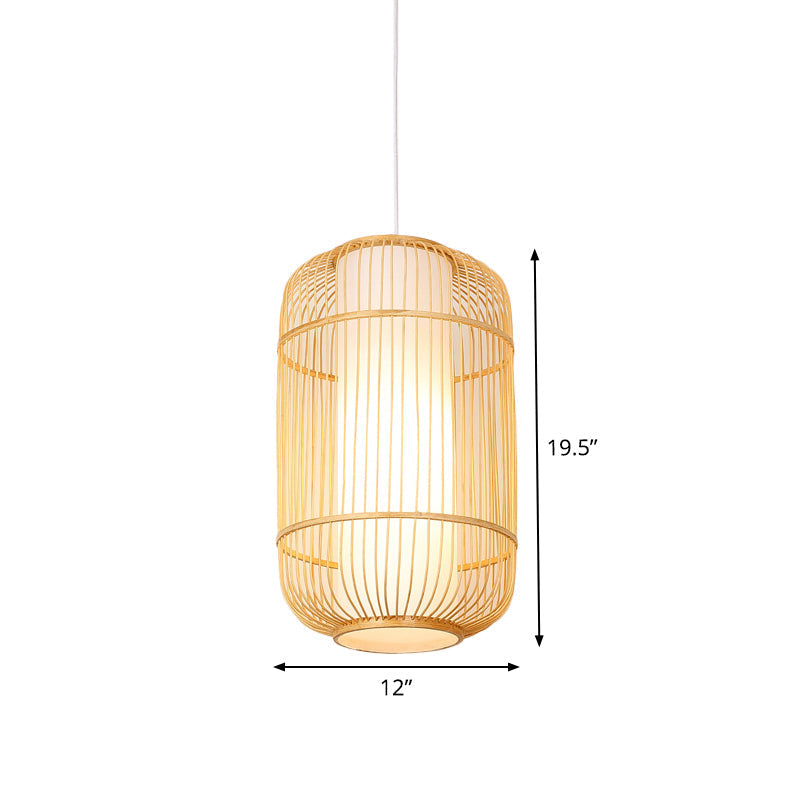 Asian Bamboo Pendant Hanging Light Kit - Diamond/Drum/Barrel Drop Design 1-Light Beige
