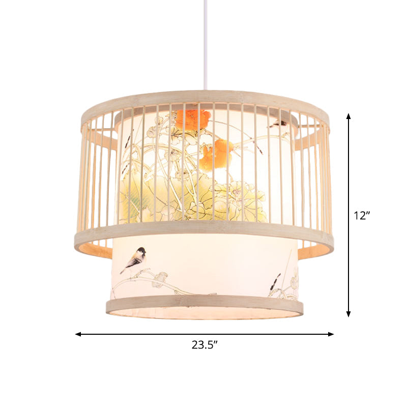 Asian Bamboo Pendant Light - Cylinder/Donut/Raindrop Shape Beige Ceiling With Inside Shade