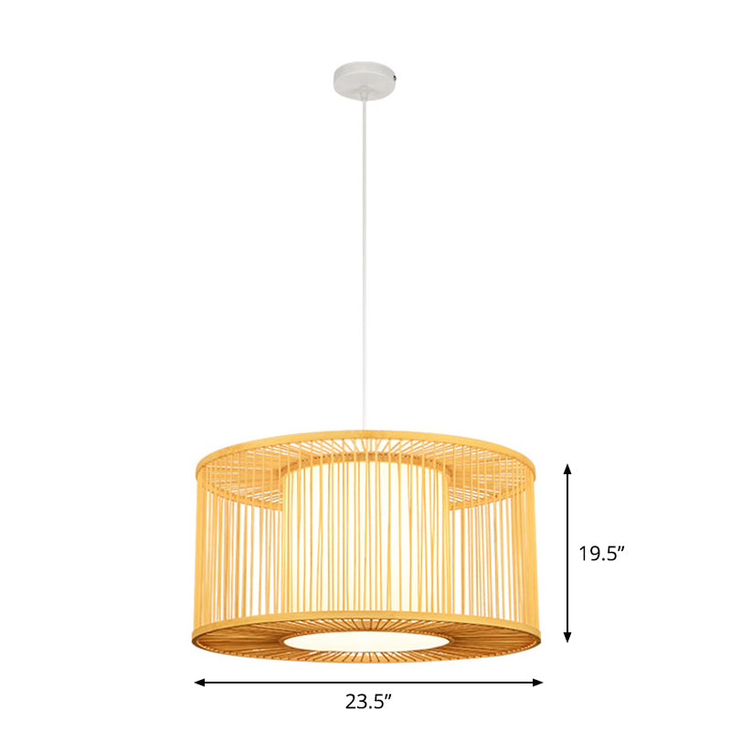 Asia Beige Bamboo Pendant Light For Kitchen Bar - 1-Light Pendulum With Drum Shade Multiple Width