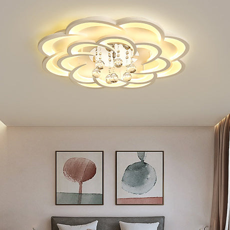 Modern Floral Girls Bedroom Led Flush Ceiling Light With Crystal Ball Drop In White - 20.5/31.5/47