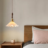 Farmhouse Scalloped Pendant Lamp - 1-Light White Glass Hanging Fixture In Brass