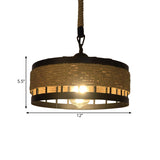 Hemp Rope Drum Suspended Light - Country Style Hanging Lamp (12/16) Beige