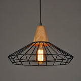 Rustic Iron Pendant Light - Black Cage/Barn/Pot Shaped 1 Bulb Restaurant Hanging Ceiling With Wood