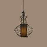 Gourd Shaped Iron Pendant Light - Retro Dining Room Ceiling Hanging Lantern With Black Fabric Shade