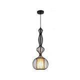 Gourd Shaped Iron Pendant Light - Retro Dining Room Ceiling Hanging Lantern With Black Fabric Shade