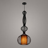 Gourd Shaped Iron Pendant Light - Retro Dining Room Ceiling Hanging Lantern With Black Fabric Shade