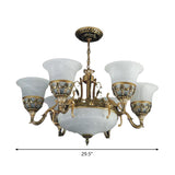 Traditional 9-Head Alabaster Glass Chandelier With Flared Shade - Bronze Finish